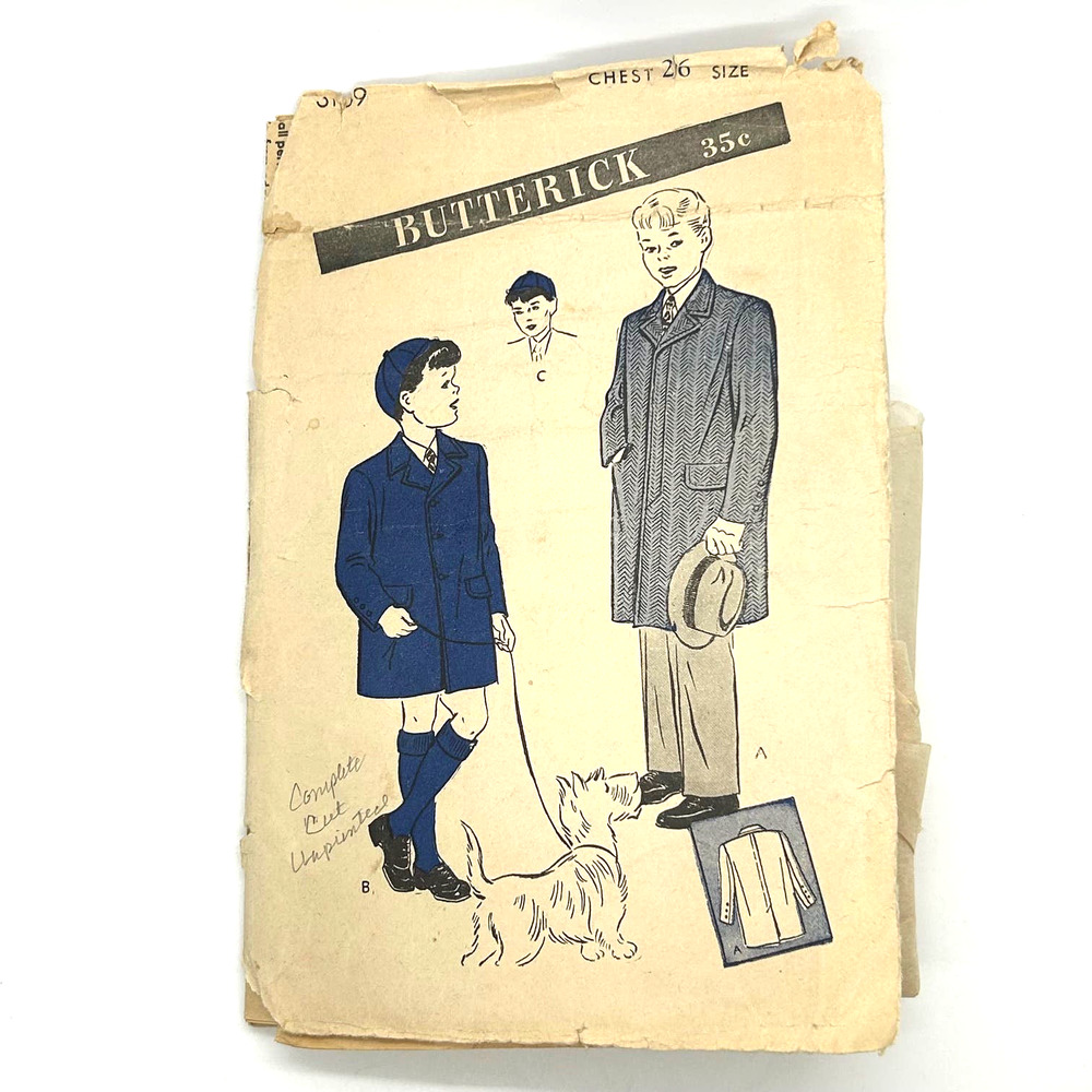 Butterick Vintage 1944 Pattern #3109 Boys Single Breasted Coat Cap Size 8 HTF